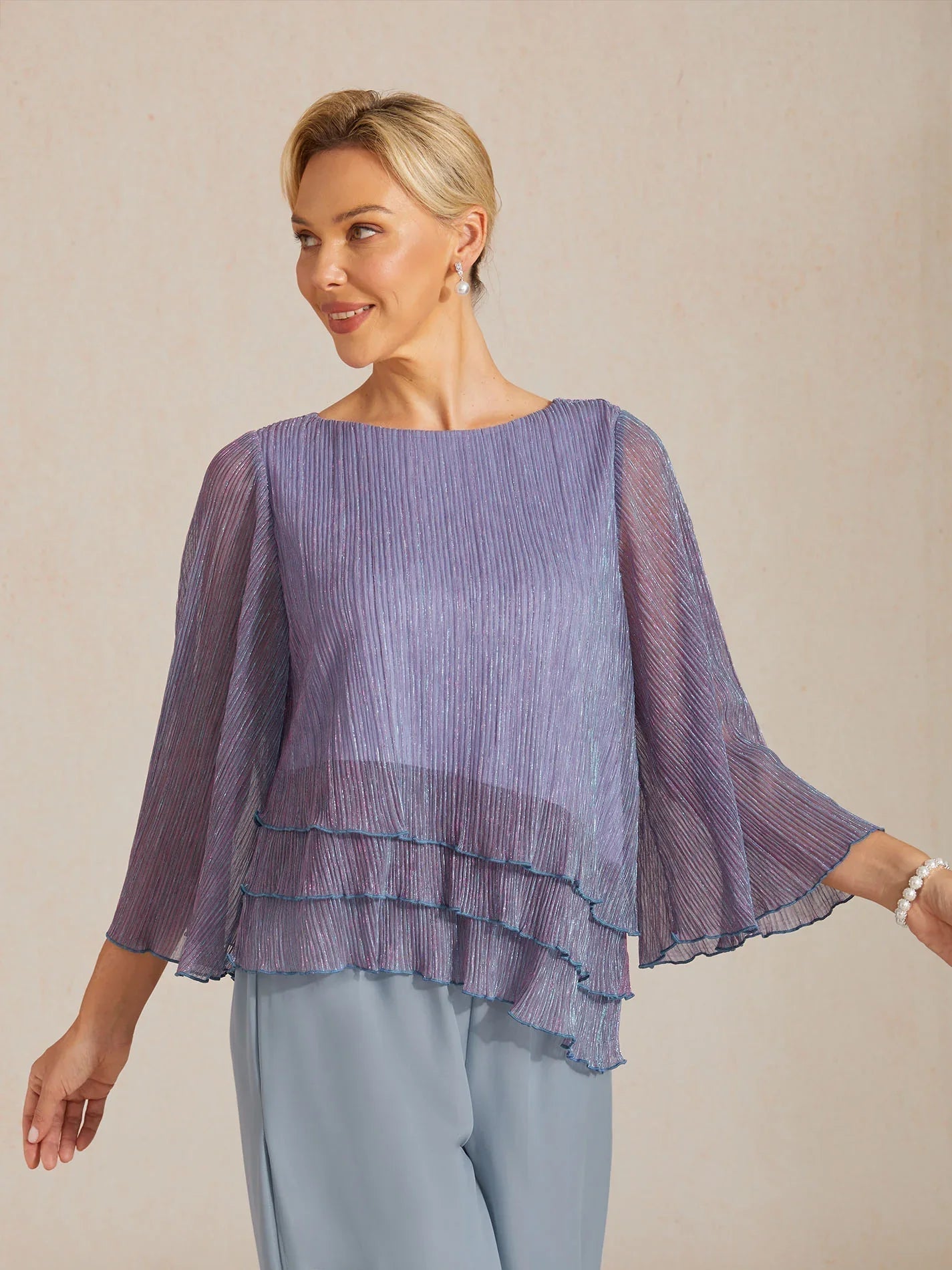 חולצת שכבות אסימטרית בשיפון מקומט מתכתי
