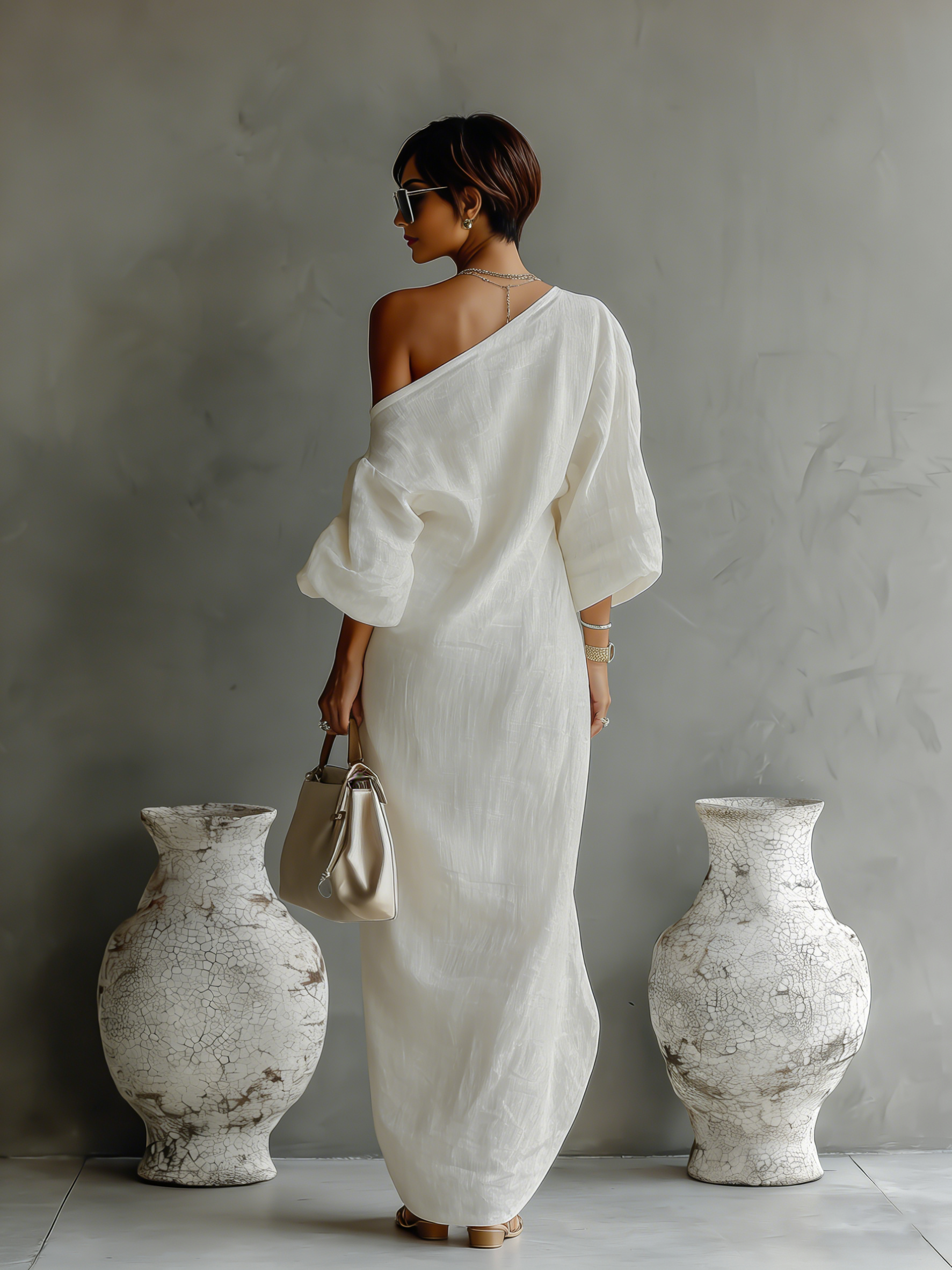 שמלות נשים בוהק לבן מעורב כותנה-פשתן עם כתף אחת