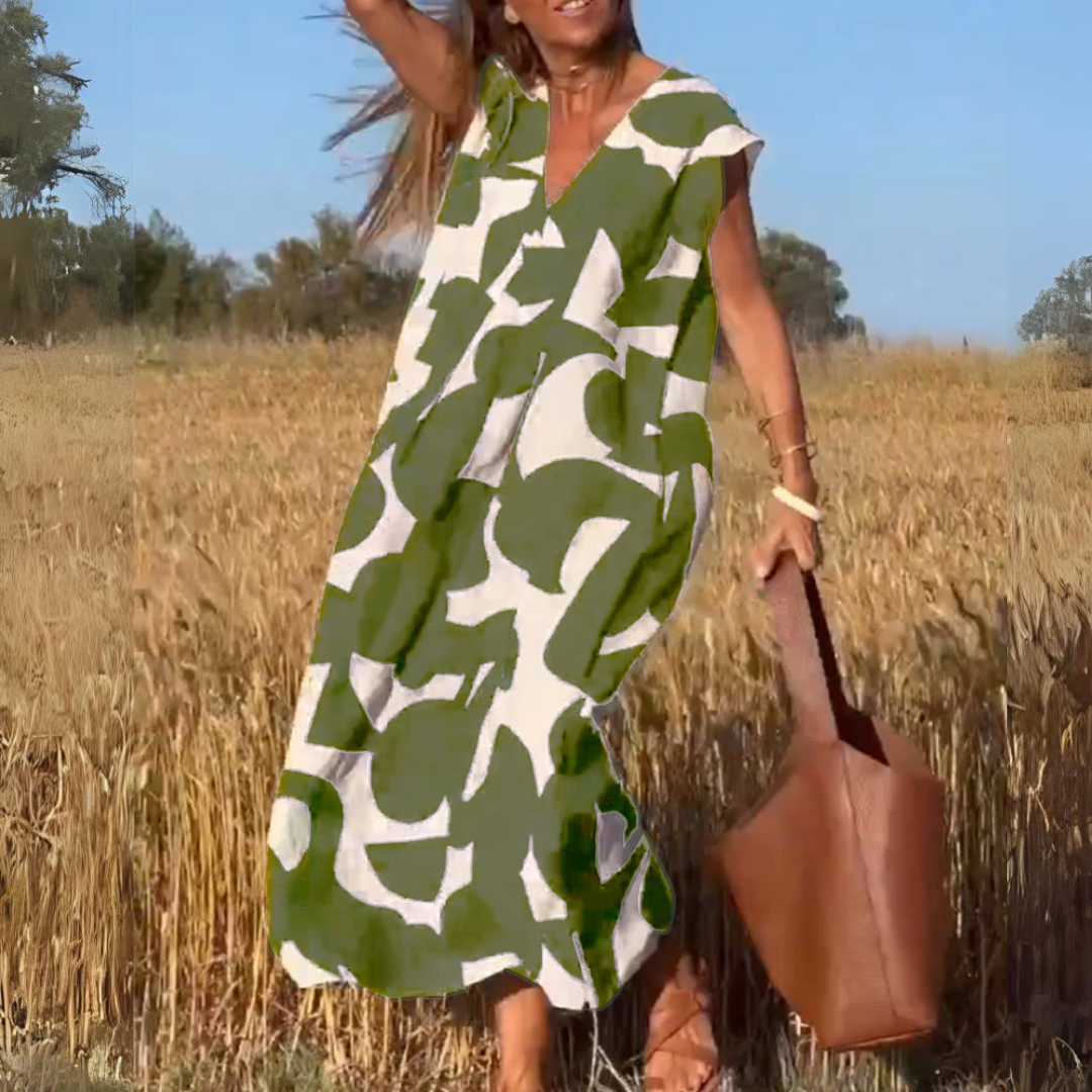 אֵלֵנָה | שִׁמְלָה מודפסת עם צווארון V